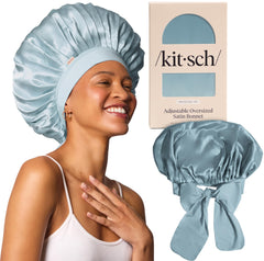 Kitsch XL satin bonnet haze-blue closeup shows gentle satin reducing friction for smoother morning hair.