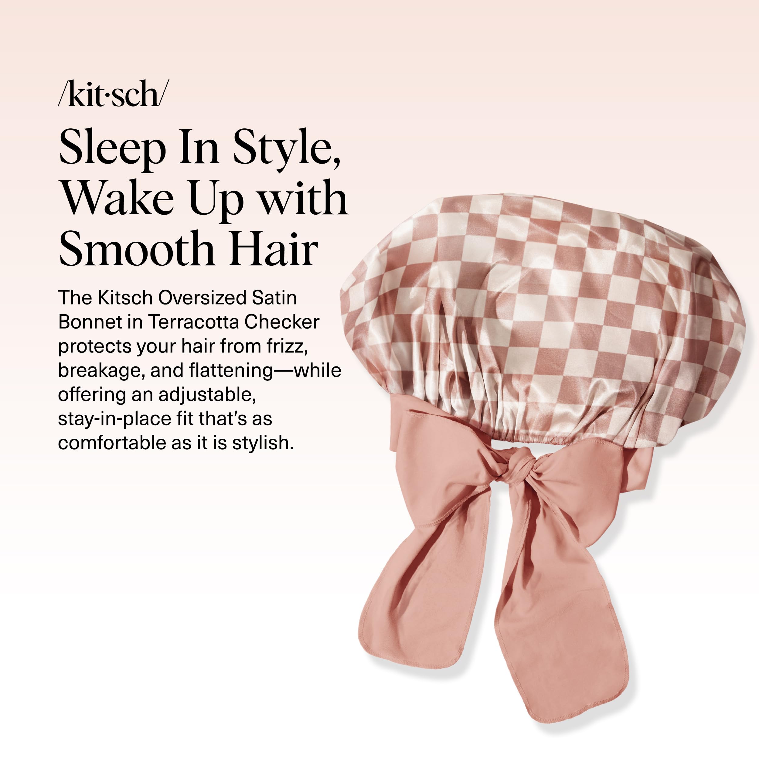 Kitsch XL Satin Bonnet worn on head demonstrates adjustable ties for a secure fit.