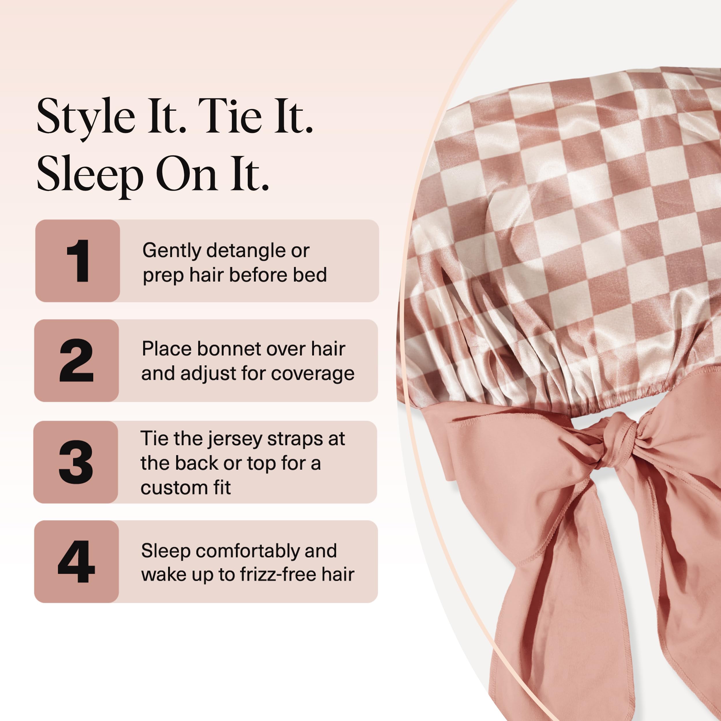 Kitsch XL Satin Bonnet with terracotta checker pattern shown in lifestyle shot.