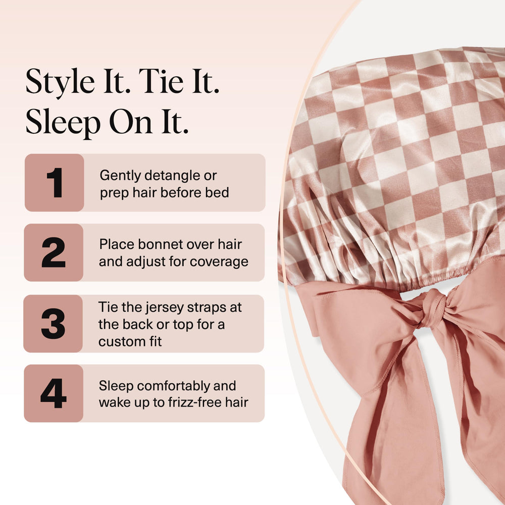 Kitsch XL Satin Bonnet with terracotta checker pattern shown in lifestyle shot.