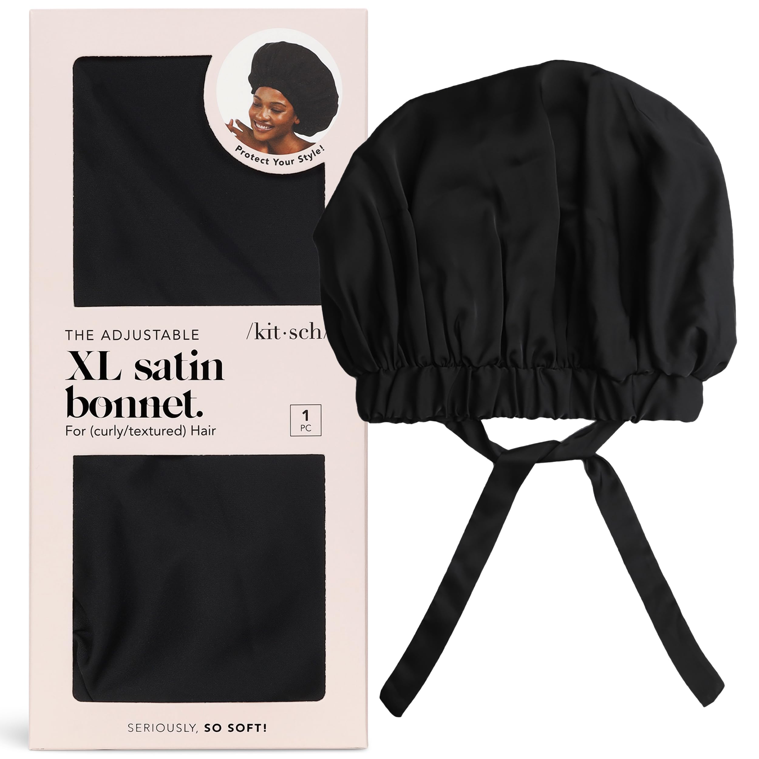 Kitsch XL satin bonnet in classic black complements any night routine and protects hair.