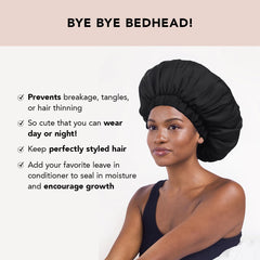 Kitsch XL satin bonnet for frizz prevention helps preserve curls while you sleep.