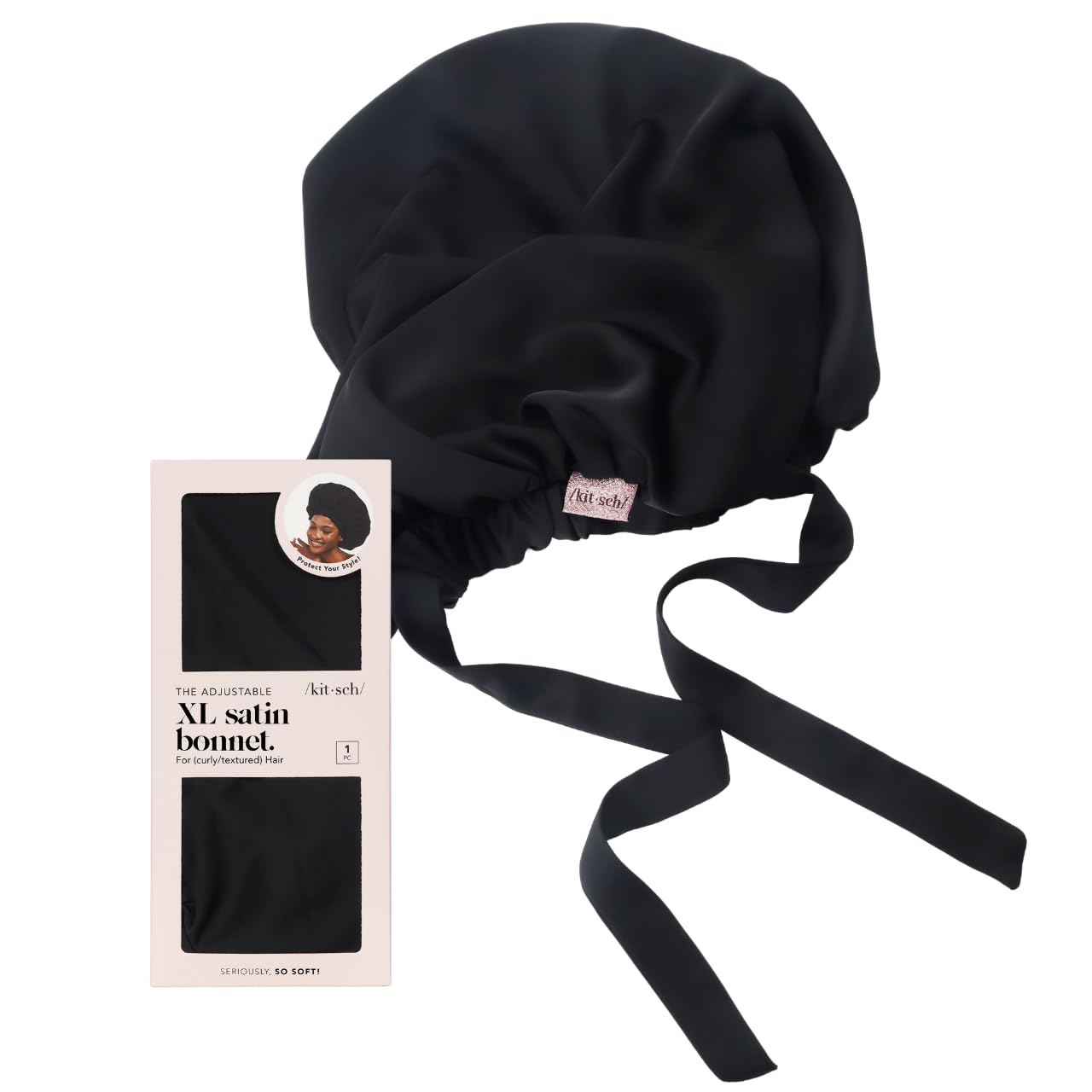 Kitsch XL satin bonnet uses tie-band closure for easy adjustment and stay-put design.