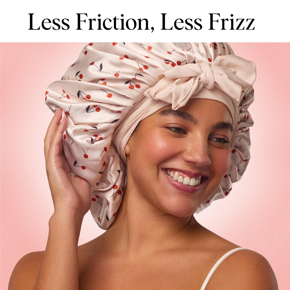 Kitsch XL Satin Bonnet worn at night on pillow for protection