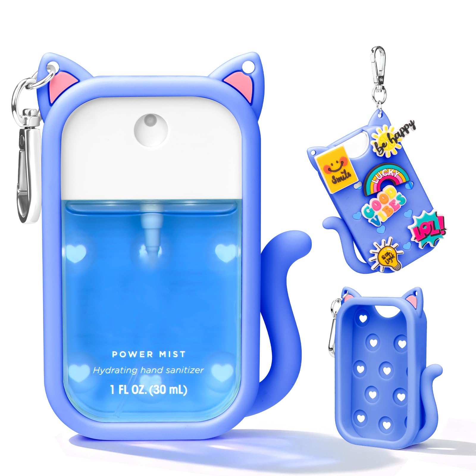 Kivzex cat silicone case for Touchland Power Mist bottle in blue, protects while traveling.
