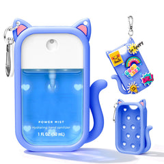 Kivzex cat silicone case for Touchland Power Mist bottle in blue, protects while traveling.