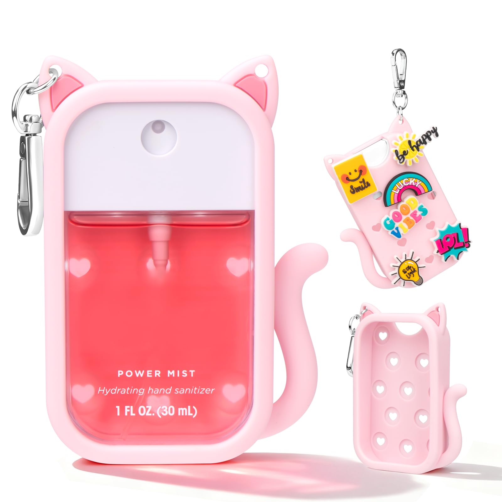 Kivzex cat silicone case for Touchland Power Mist pink with keychain for on-the-go access.