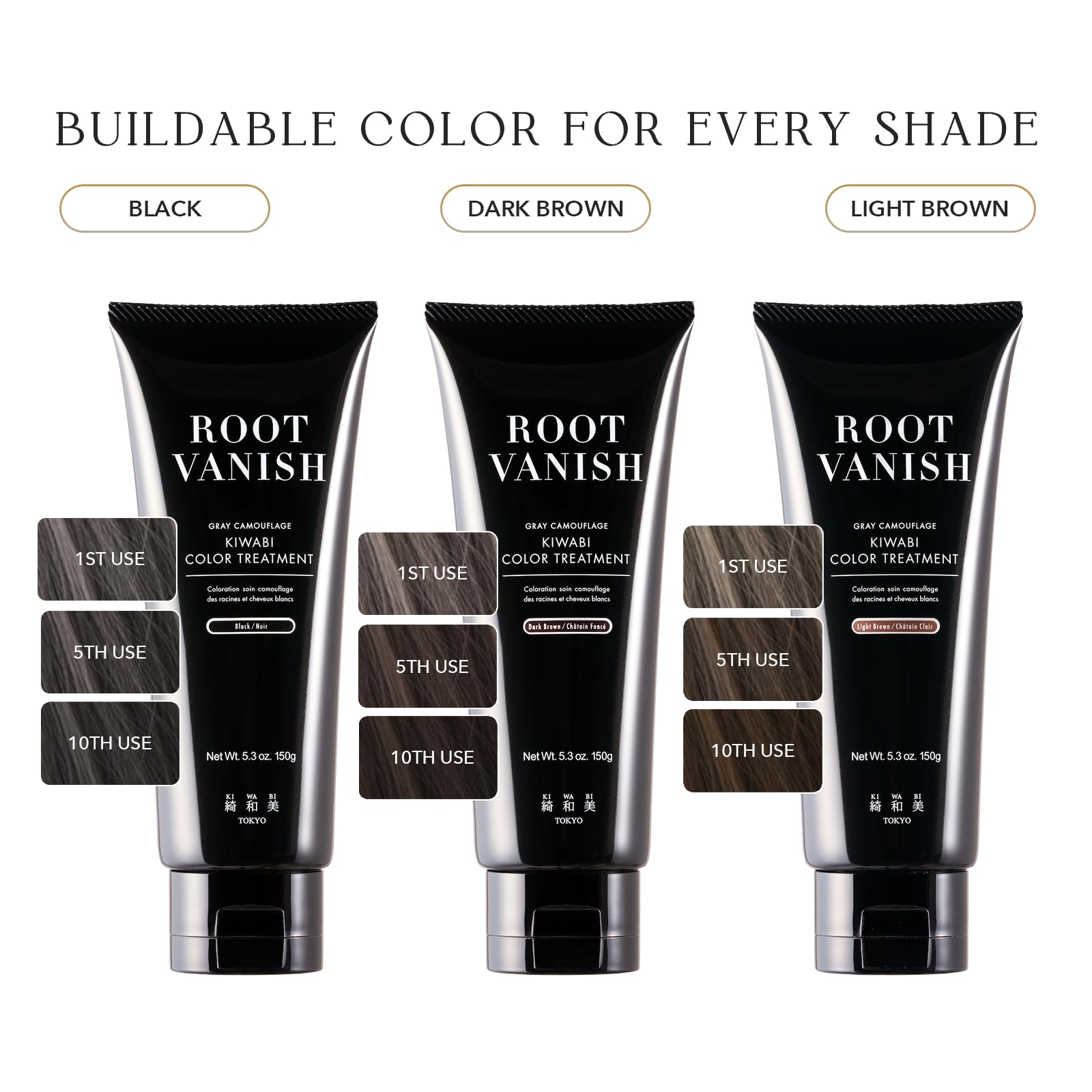 KIWABI color-treatment 2-3 weeks color preview suggests gradual, long-lasting tone.