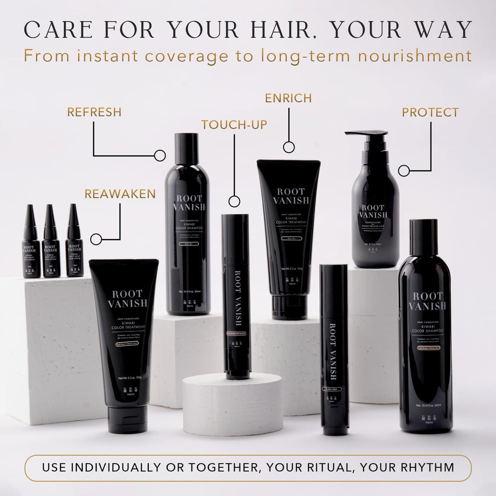 KIWABI color-treatment root-to-full-coverage depiction emphasizes safe, gradual gray coverage.