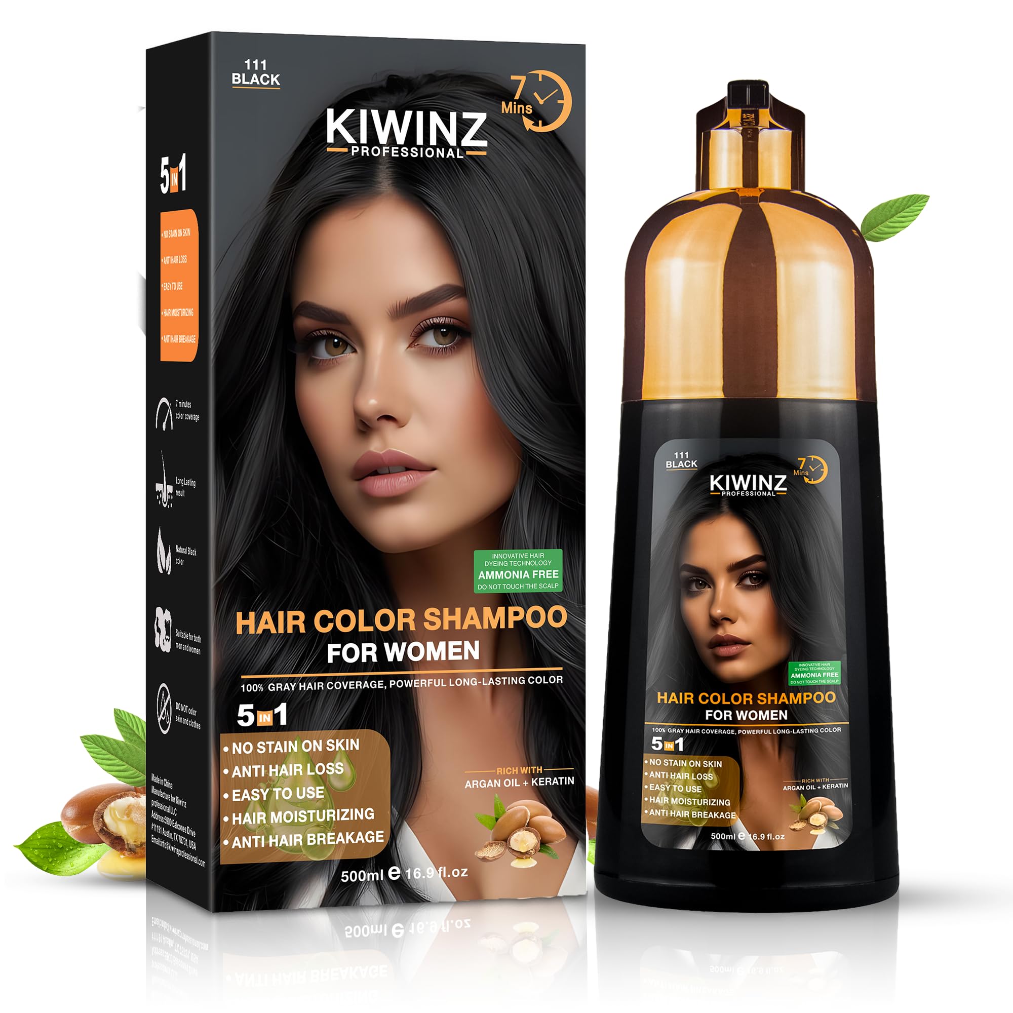 Kiwinz Professional Hair Color Shampoo bottle demonstrates 5-in-1 formula for convenience.