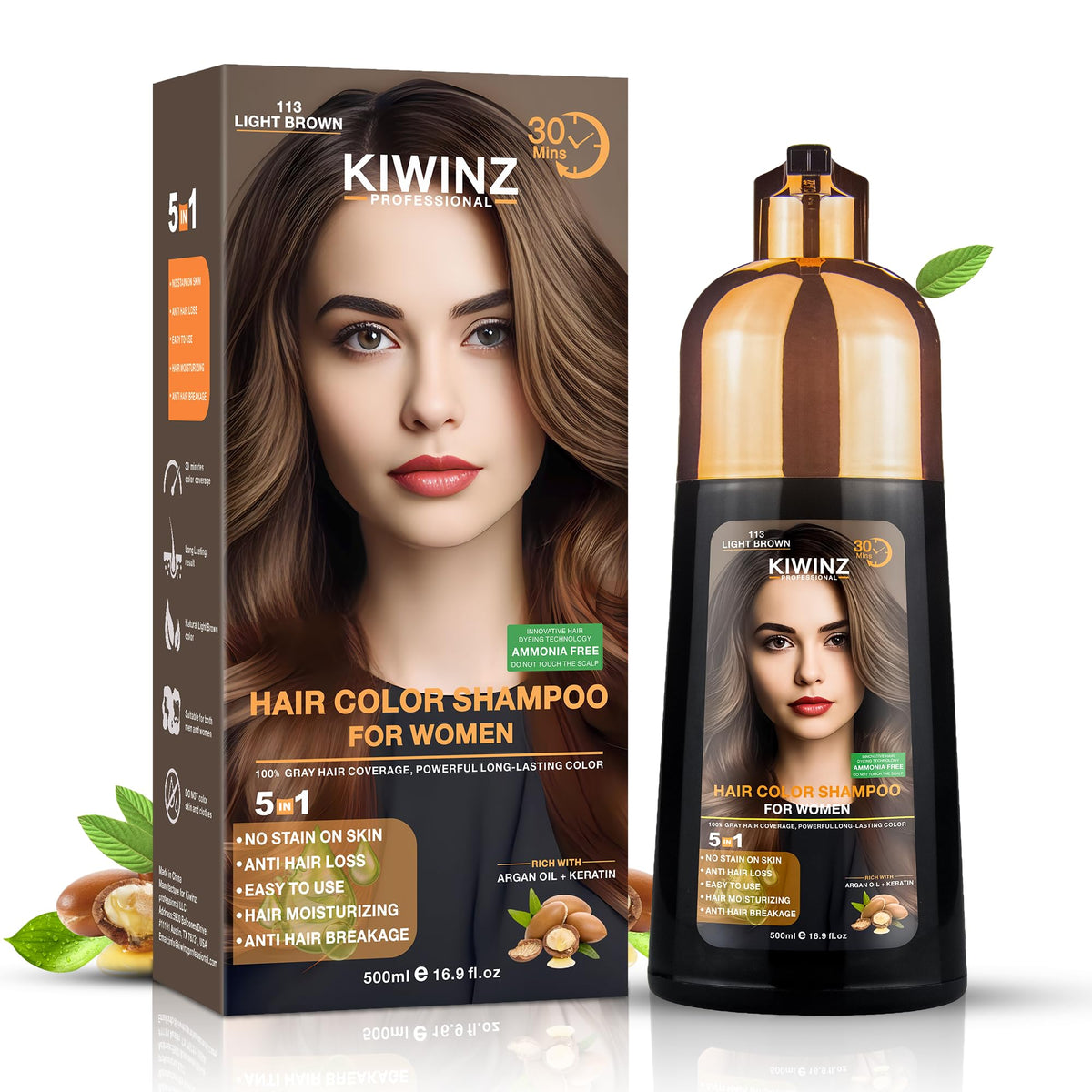 Kiwinz Professional hair color shampoo bottle showing 5-in-1 formula for grey coverage