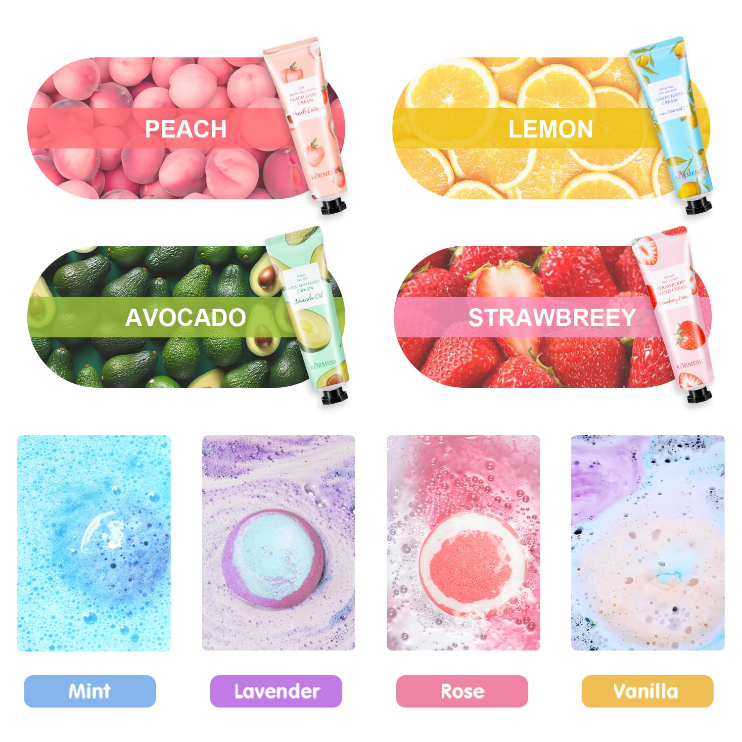 KIYTARBOO bath bombs in rose, mauve, vanilla, mint for bubbly soak