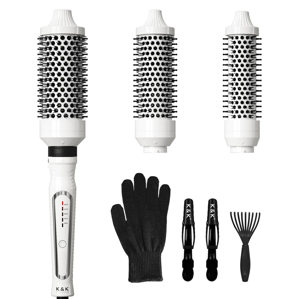 K&K 3-in-1 thermal brush set closeup bristles for smooth styling and lift