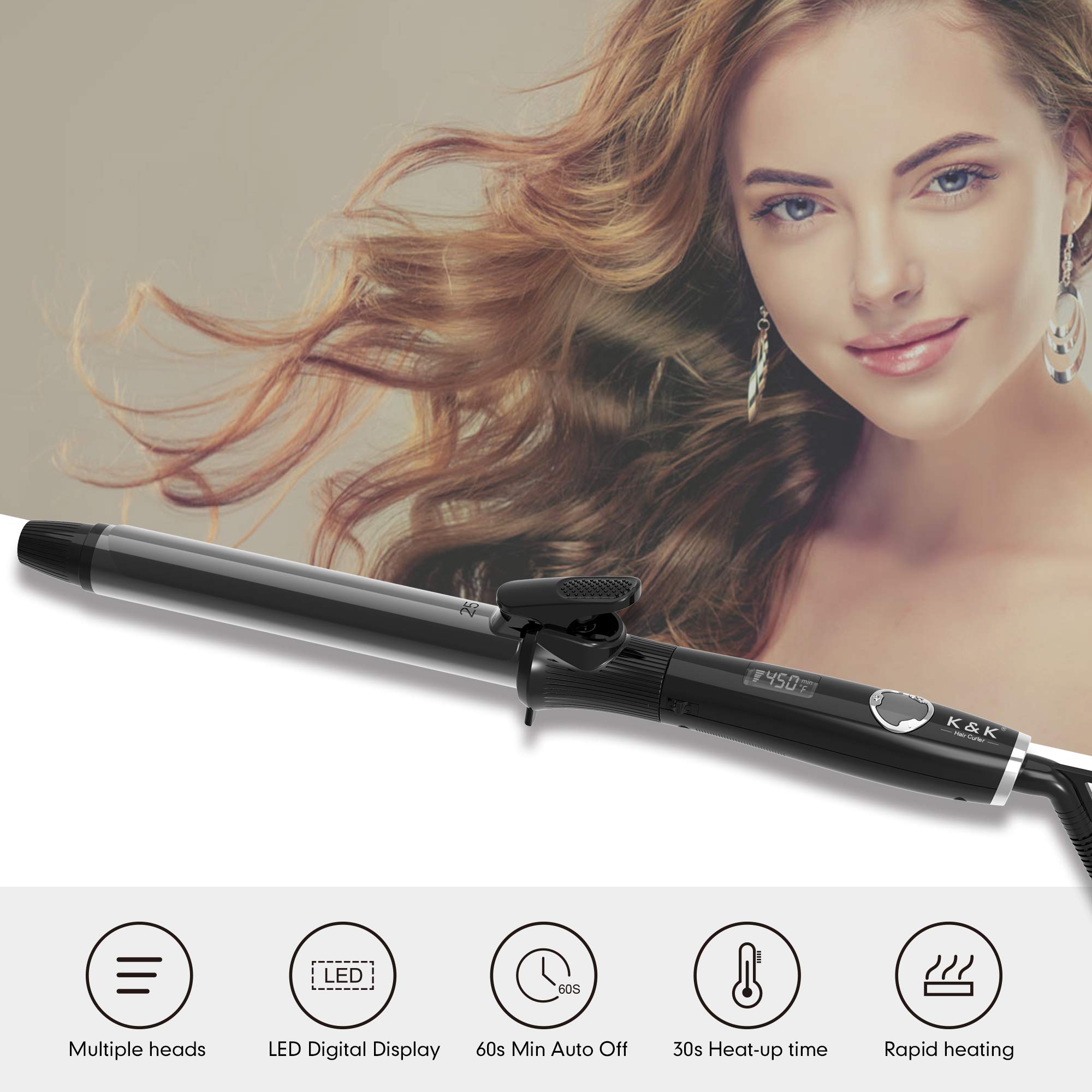 K&K curling iron dual voltage supports travel styling worldwide.