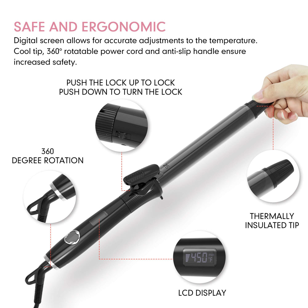 K&K curling iron LCD display shows real-time temperature.