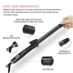K&K curling iron LCD display shows real-time temperature.