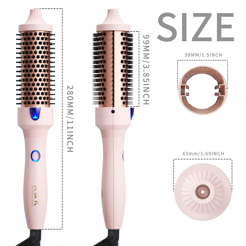 KK multi-function curling brush curls, straightens, and detangles with one tool.