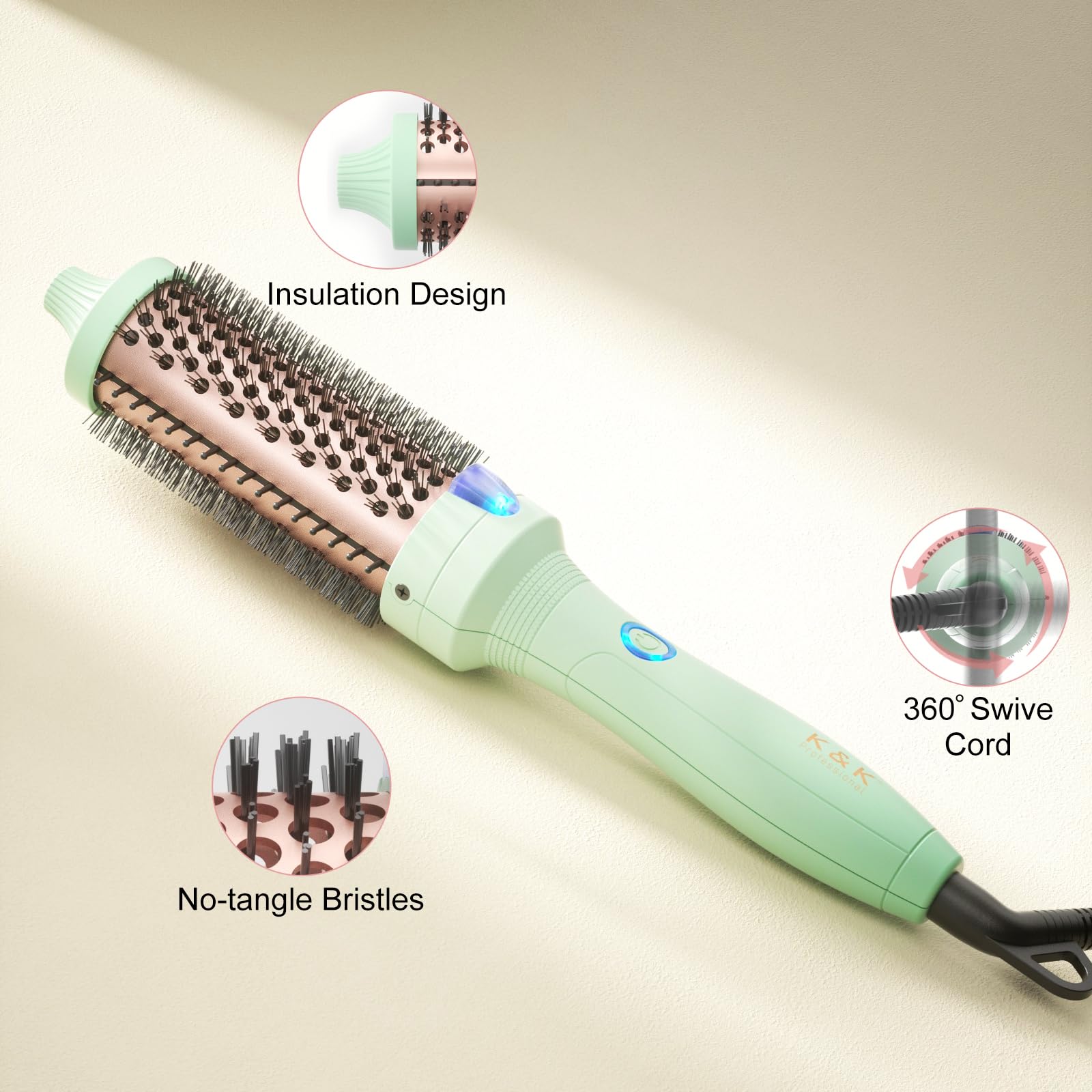 KK Thermal Brush international voltage makes it travel ready for styling abroad.