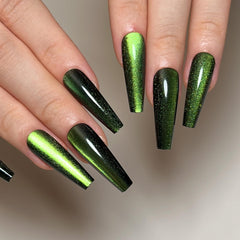 KKUUOO green press-on nails in long coffin shape with glitter for chic, durable wear.