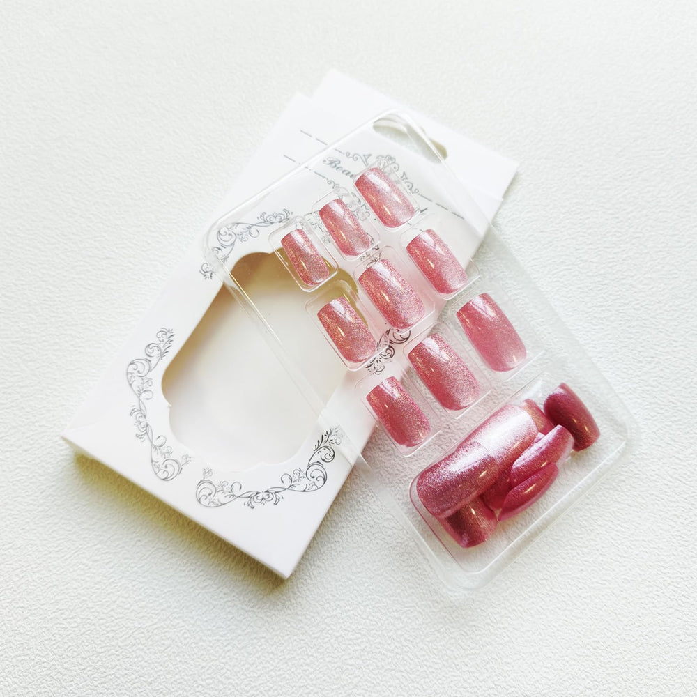 KKUUOO Pink Press On Nails glitter design pack with 24 nails