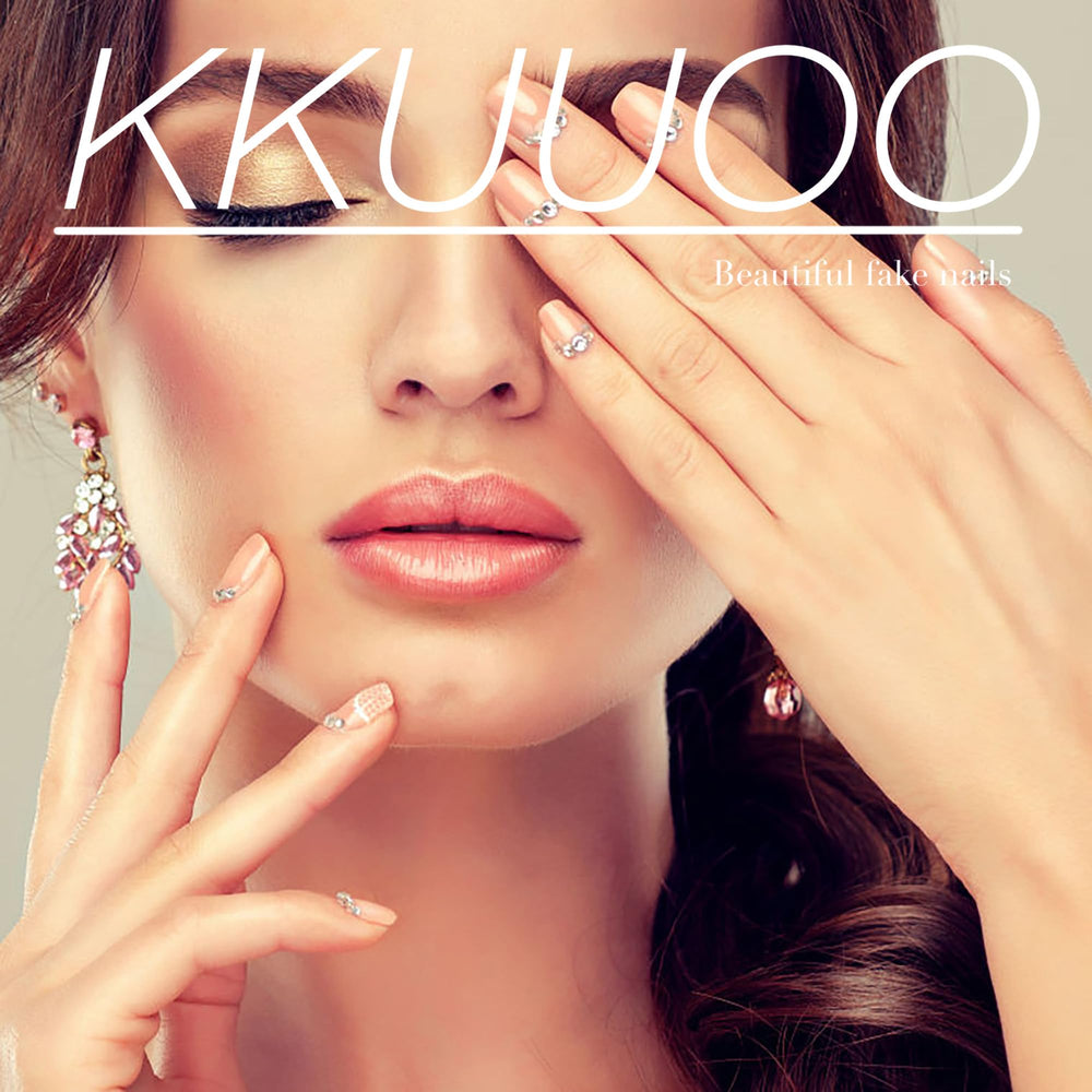 KKUUOO Pink Press On Nails package view showing 24 nails and tools