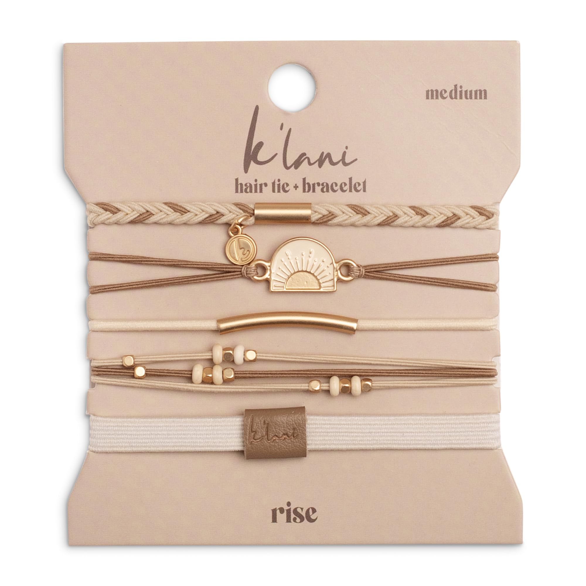 K'lani Rise five-color elastic bracelet set ready to wear.