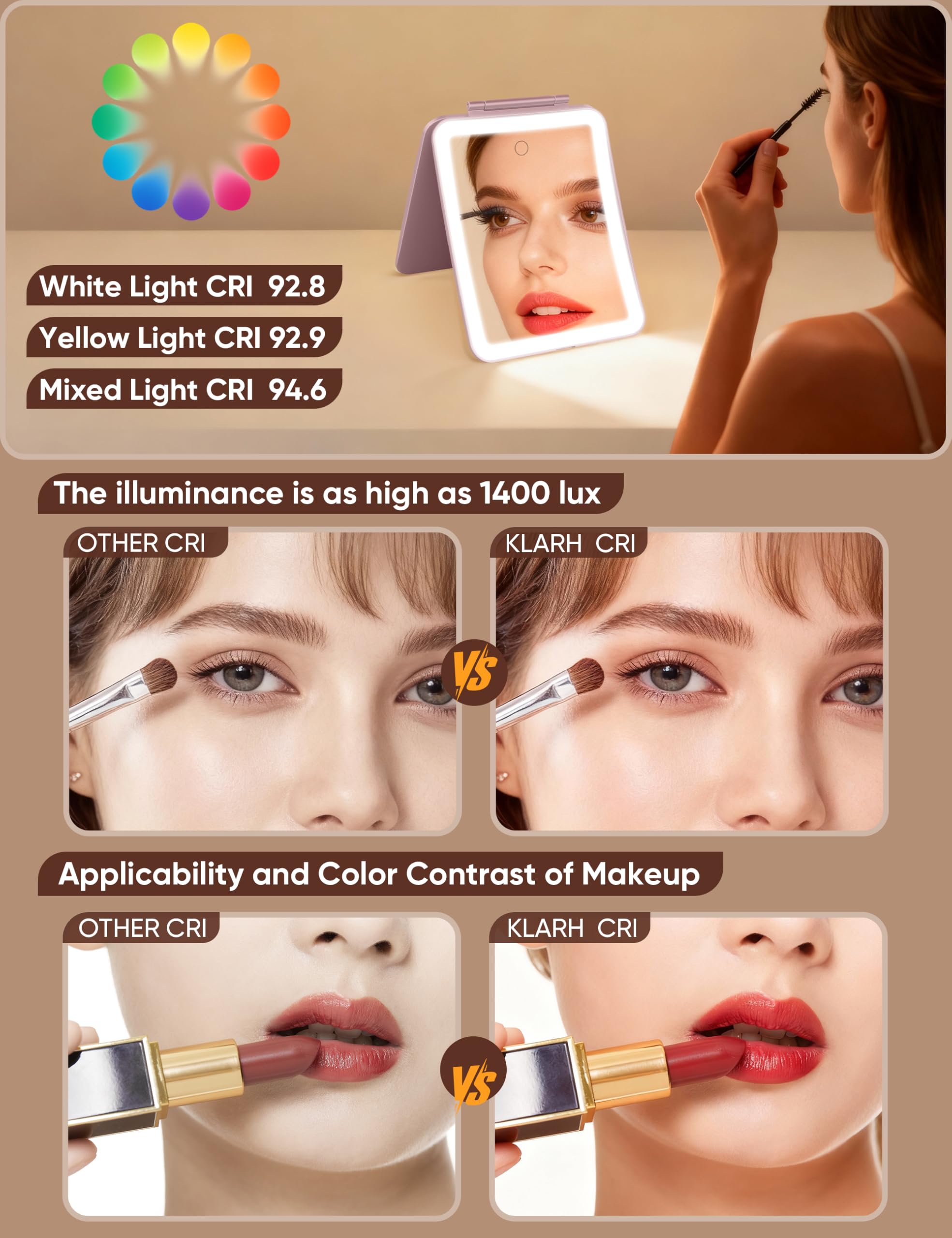 Klarh mirror showing dimmable brightness and color options for different tasks