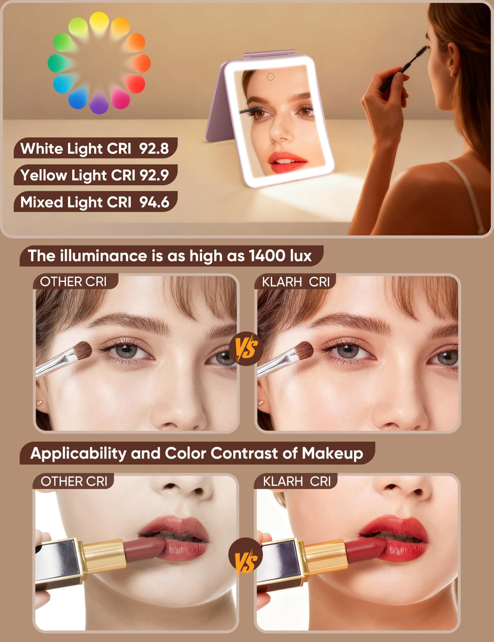 Klarh mirror showing dimmable brightness and color options for different tasks