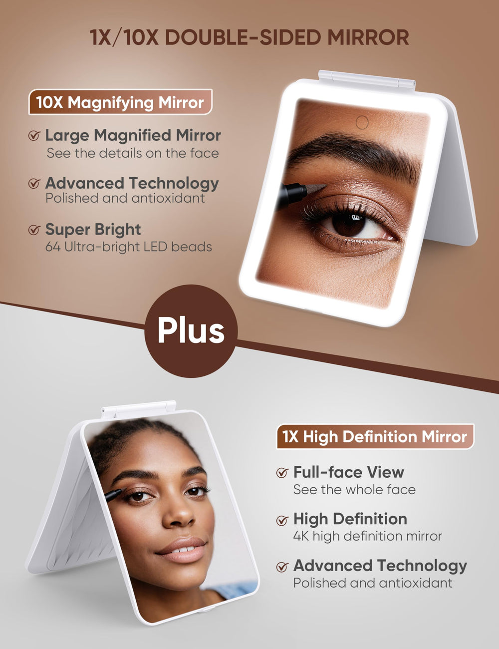 klarh magnifying makeup mirror 10x detail view for precise grooming and makeup application.