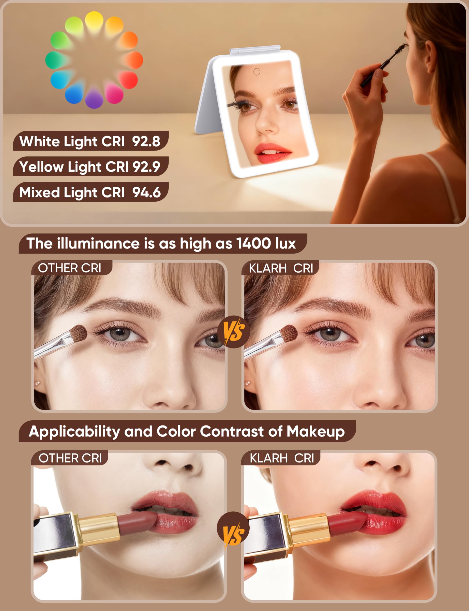 klarh magnifying makeup mirror three colored lights for accurate color matching.