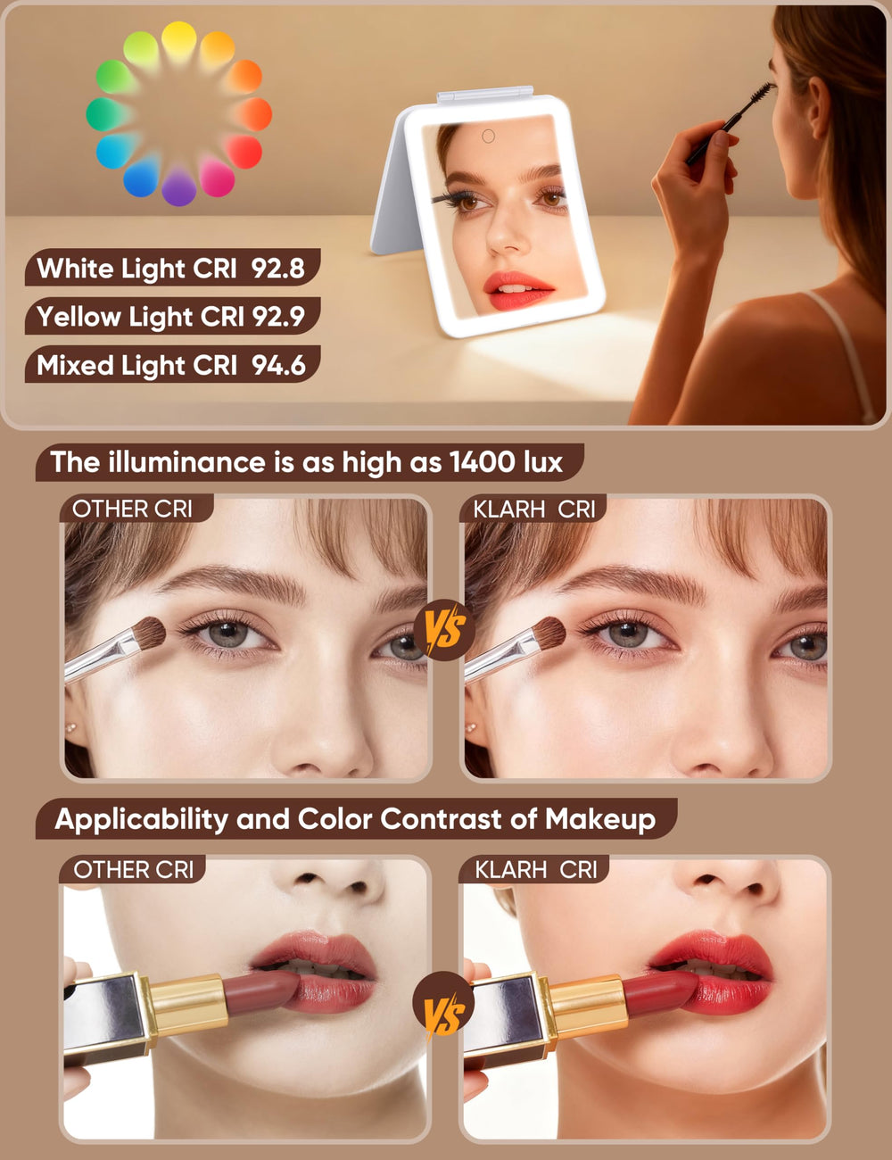 klarh magnifying makeup mirror three colored lights for accurate color matching.