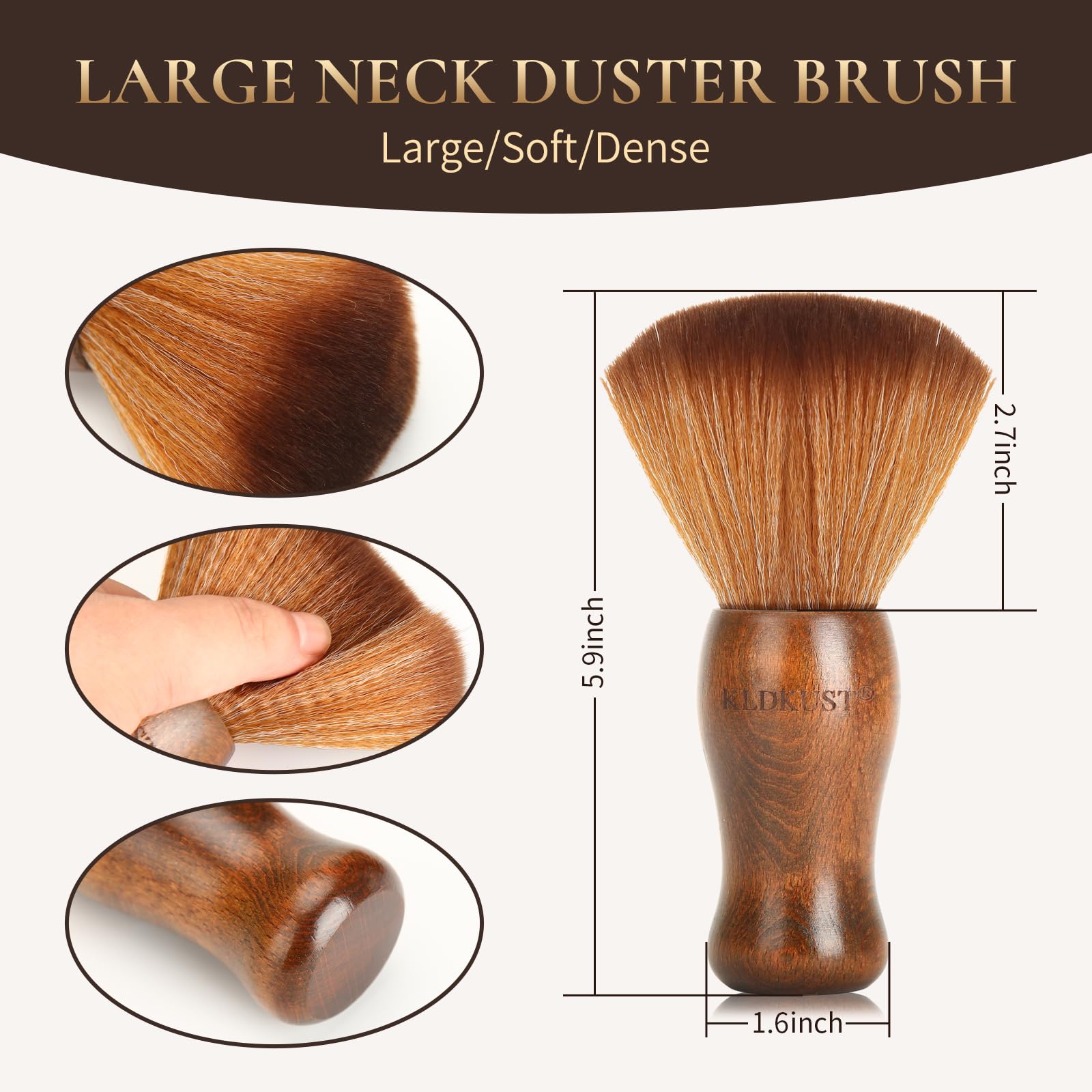 KLDKUST neck duster brush shown for dusting around ears and neckline.