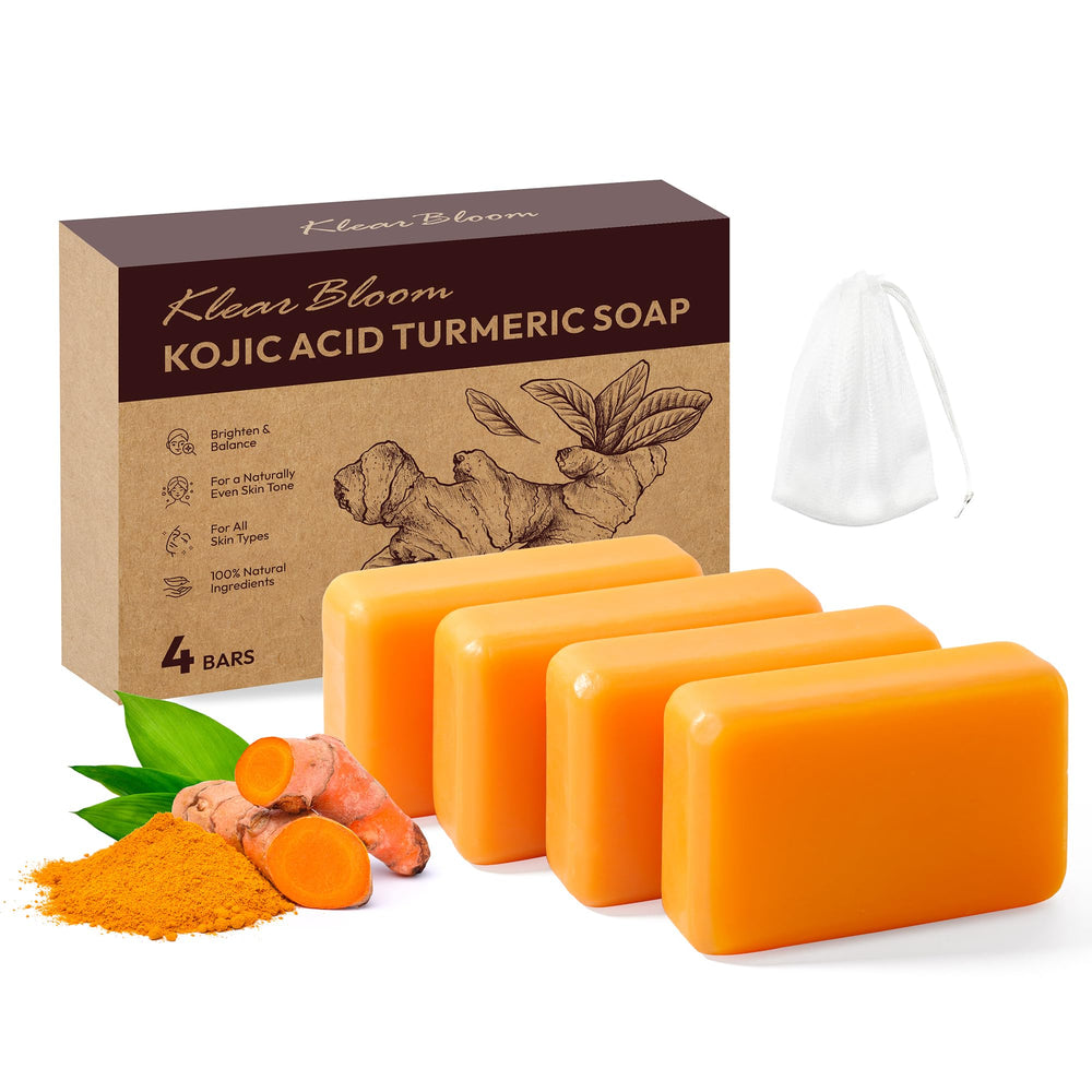 KlearBloom Kojic Acid Turmeric Soap Bar packaging for brightening daily skincare routine.