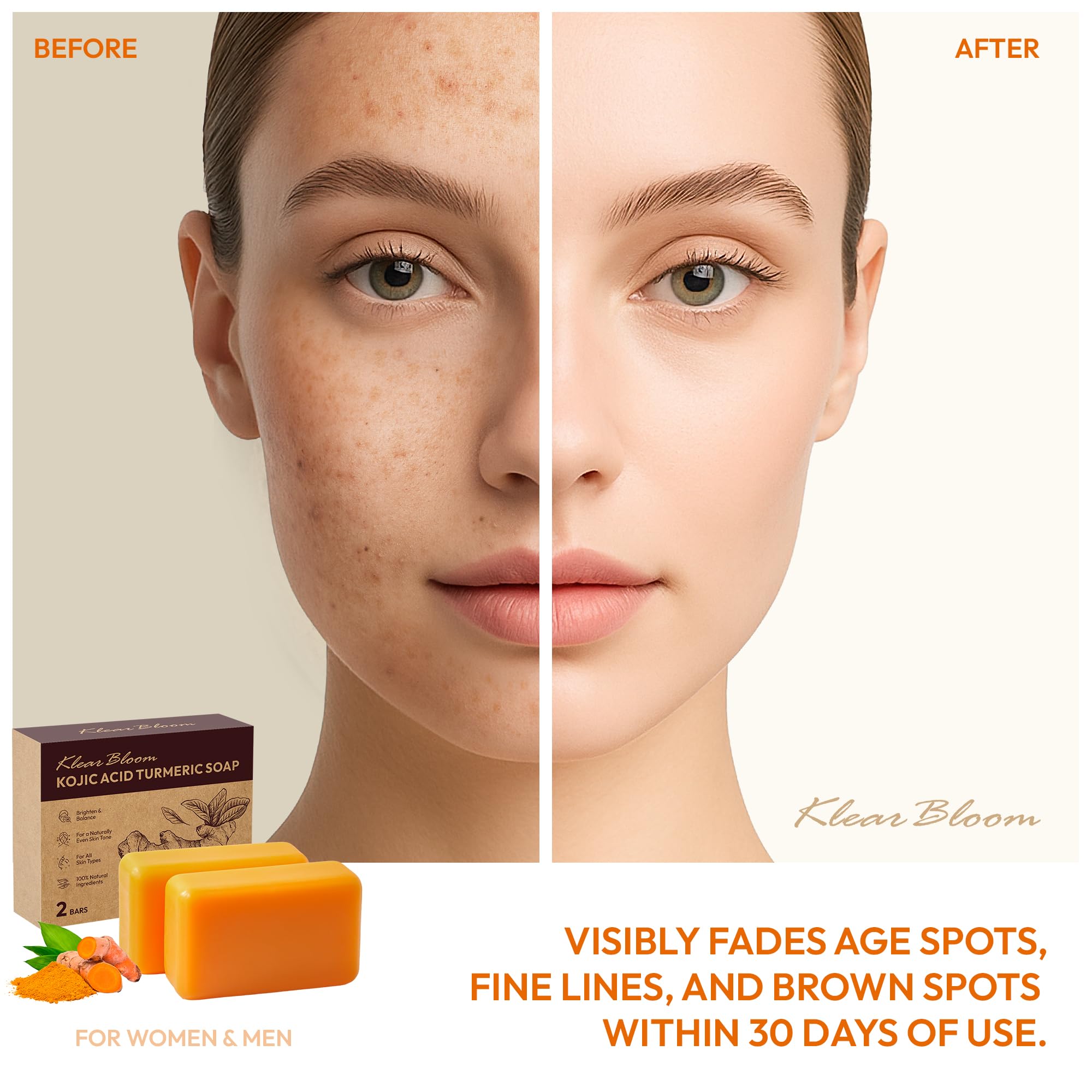 KlearBloom Kojic Turmeric Soap bar closeup highlighting brightening formula.