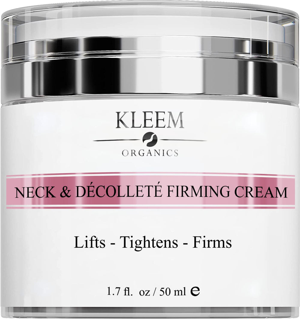 Kleem Organics neck firming cream tube closeup highlights targeted neck and décolleté firming benefits