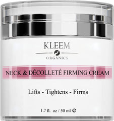 Kleem Organics neck firming cream tube closeup highlights targeted neck and décolleté firming benefits