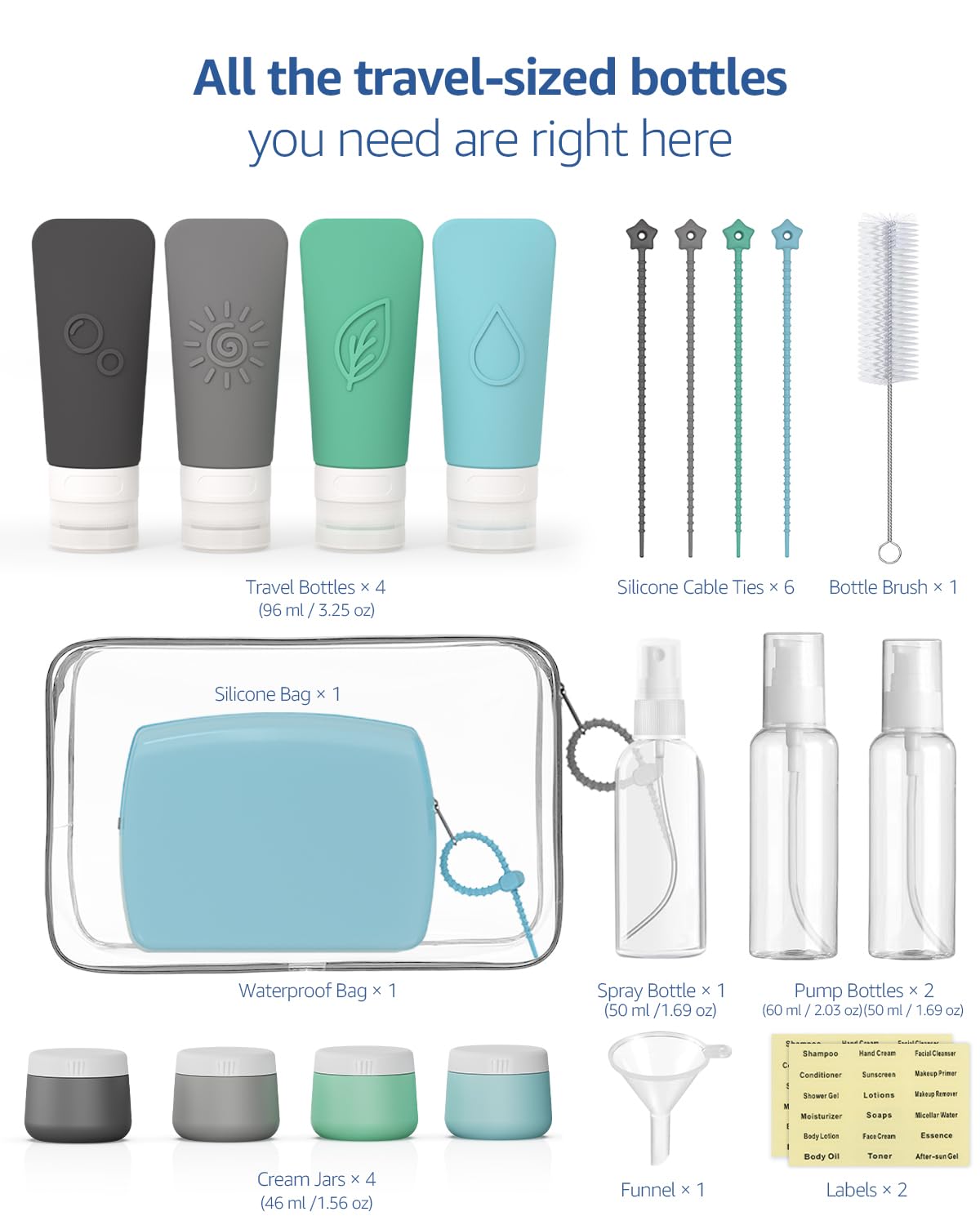 KLKE travel-bottles included-accessories-funnel-brush simplify refilling and cleaning.