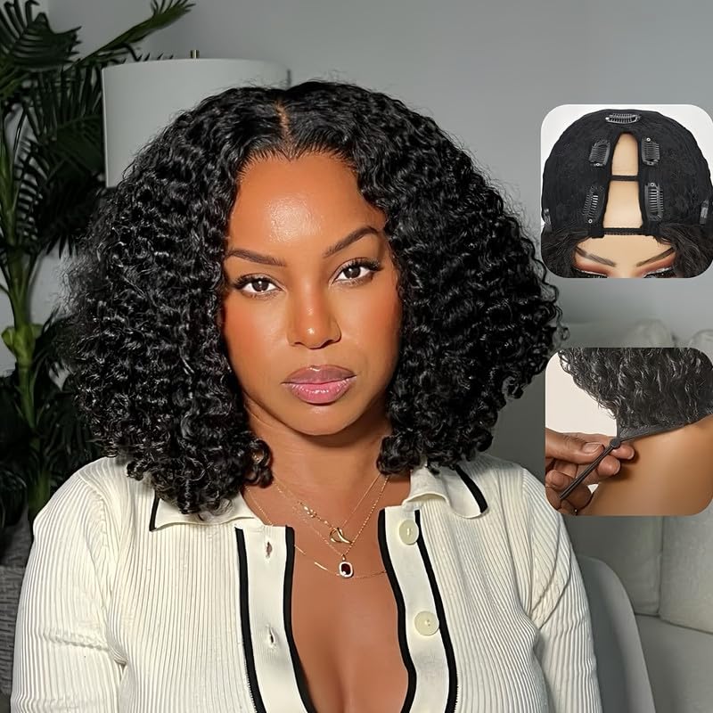 Kloiynj V Part Burmese Curly Wig 16inch front view shows natural color and full density.