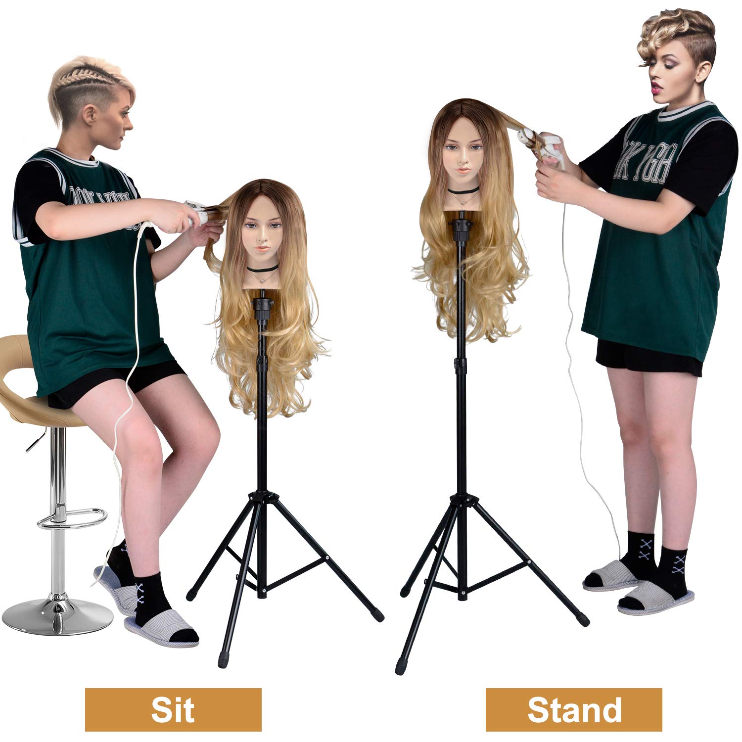 Klvied wig stand tripod at adjustable height for versatile hairdressing training.