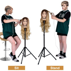 Klvied wig stand tripod at adjustable height for versatile hairdressing training.