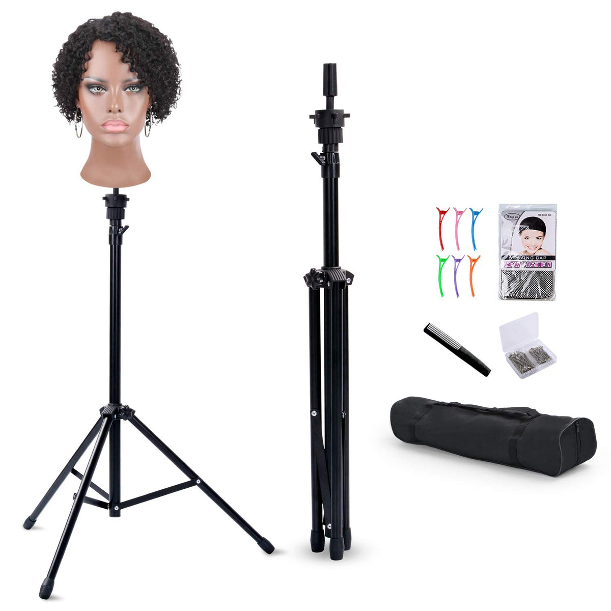 Klvied wig stand tripod showing full height adjustment features for easy styling.