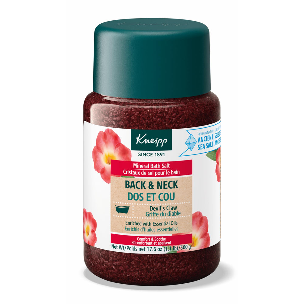 Kneipp Back & Neck Devils Claw Bath Salt packaging highlighting mineral blend for soothing sessions