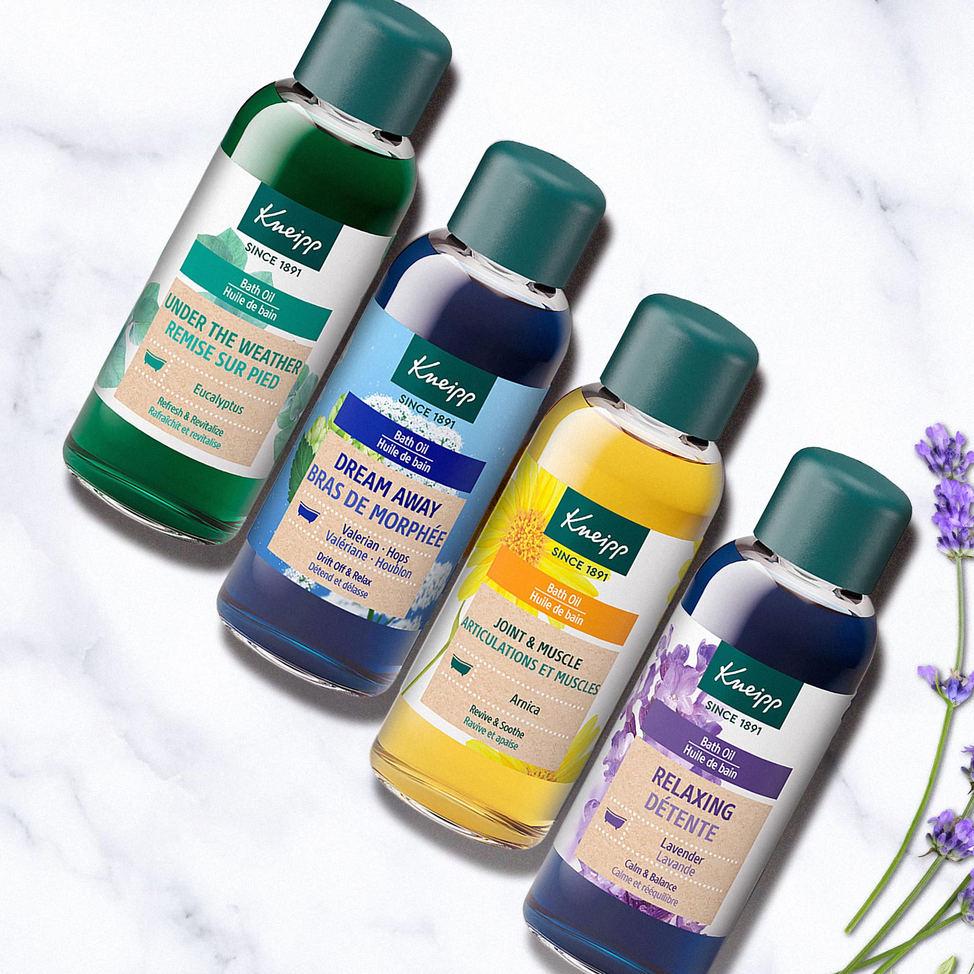 Kneipp Dream Away and Relaxing Lavender bottles together setup for calming bath.