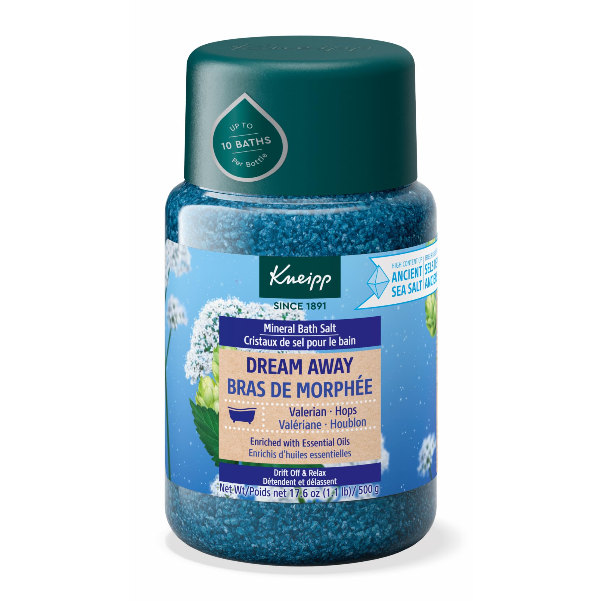 Kneipp Dream Away bath salt bottle ready for nightly relaxation ritual.