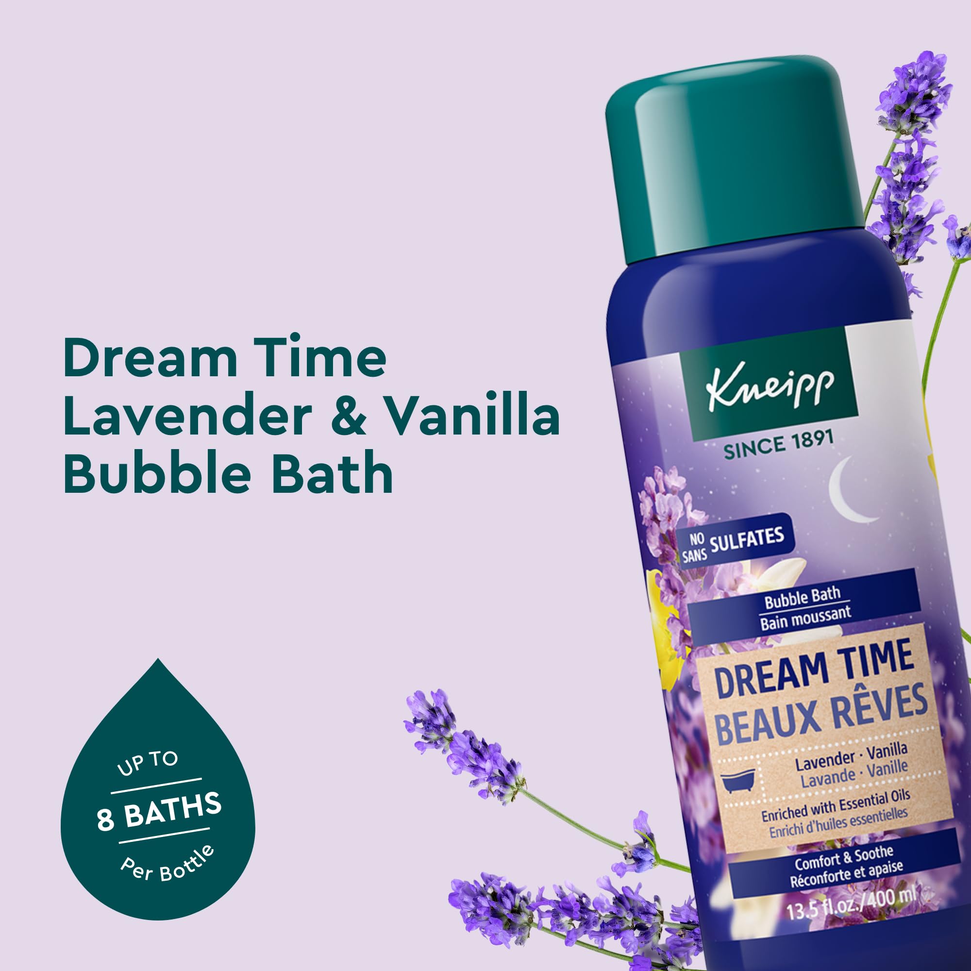 Kneipp Dream Time lavender-vanilla bubble bath pour enables smooth dispensing for a soothing aroma.