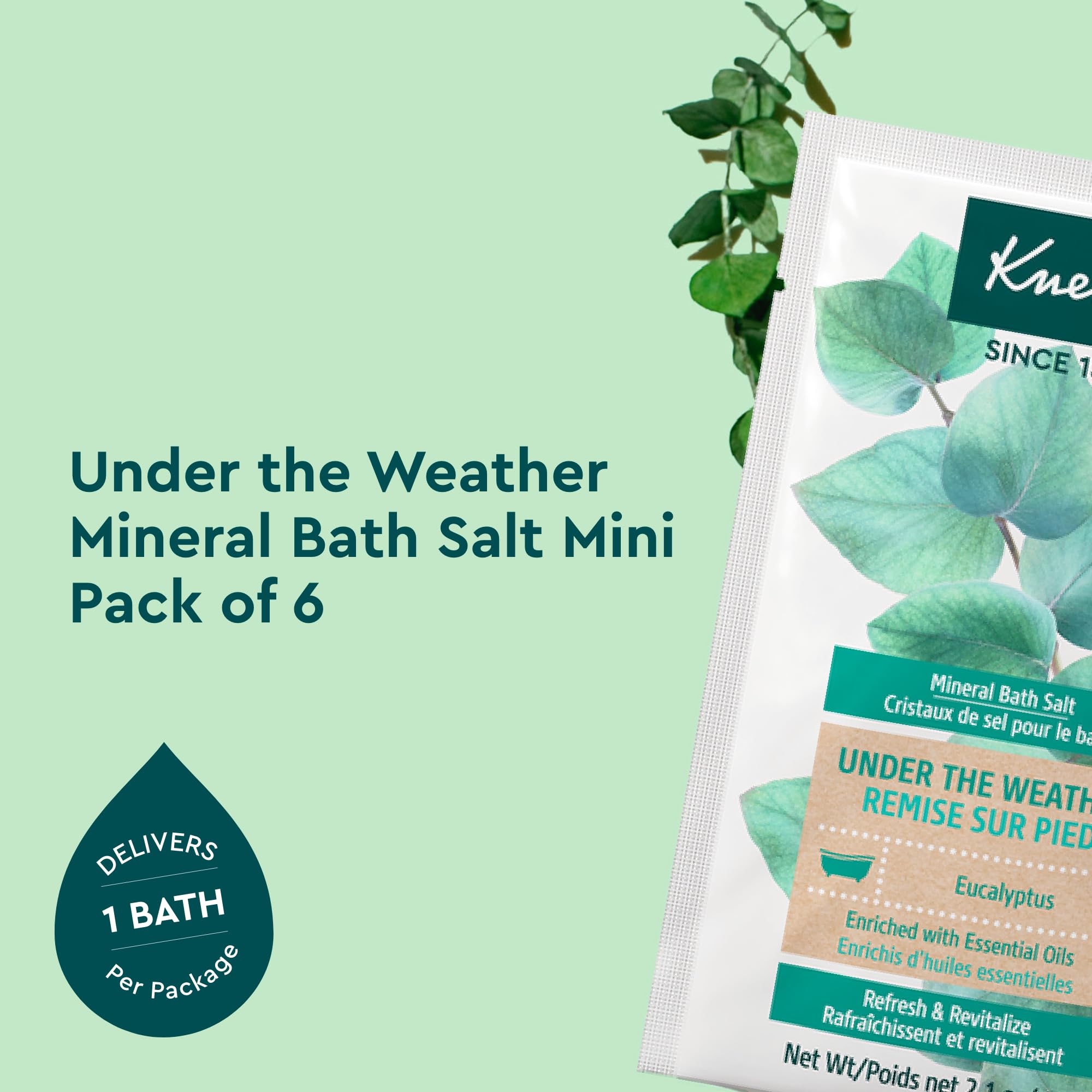 Kneipp eucalyptus mineral bath salt packets ready to pour into warm tub for crisp aroma