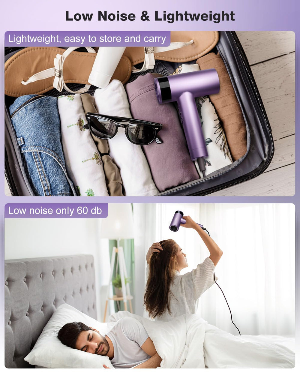 KNKA hair dryer low-noise operation for quiet at-home use.