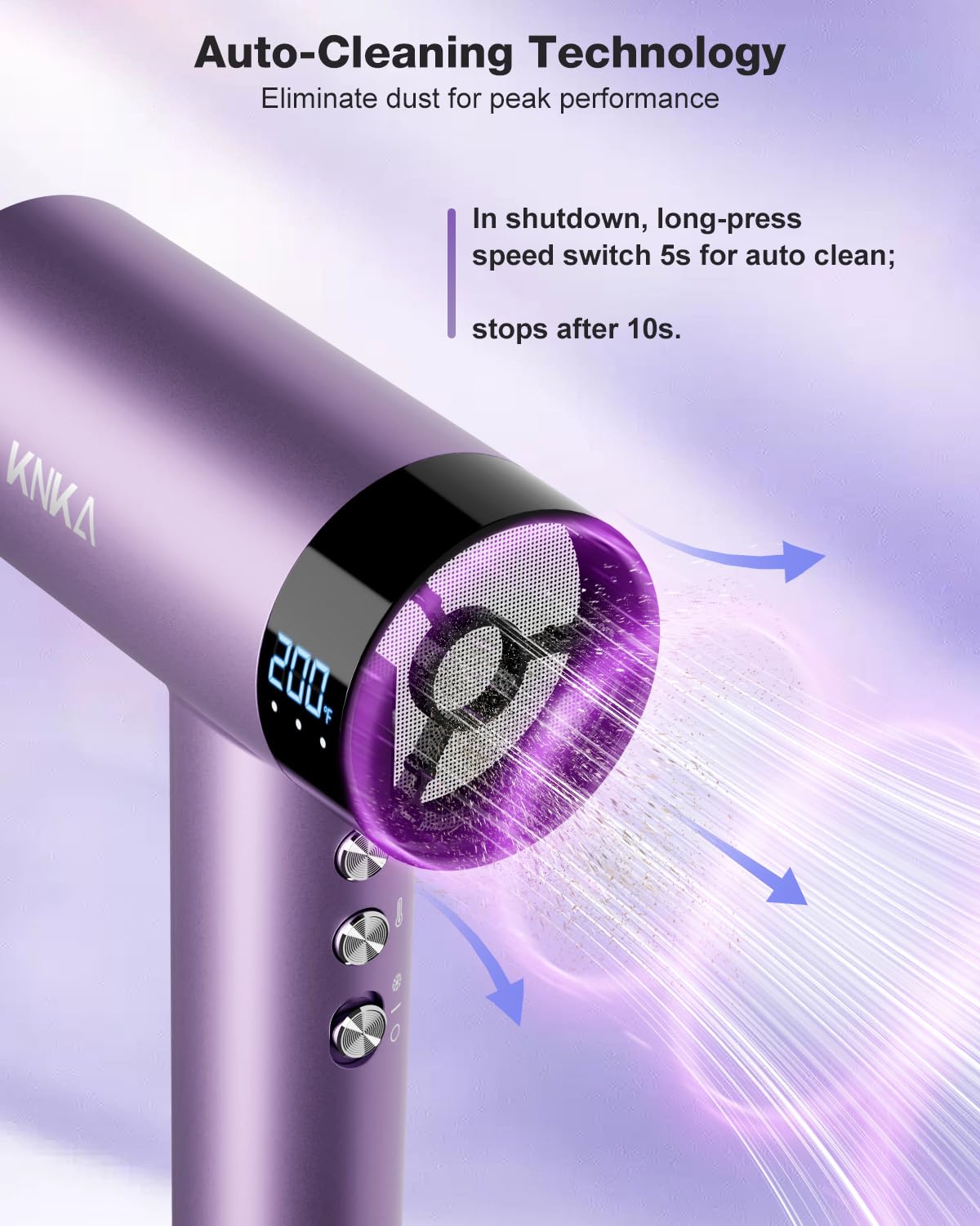 KNKA hair dryer negative-ion output for smoother, shinier hair.