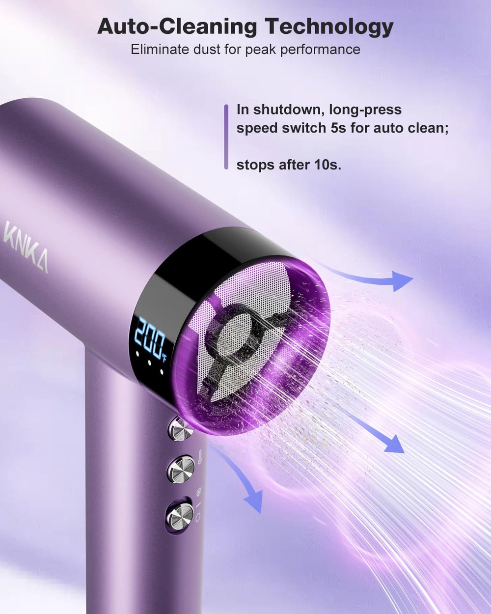 KNKA hair dryer negative-ion output for smoother, shinier hair.