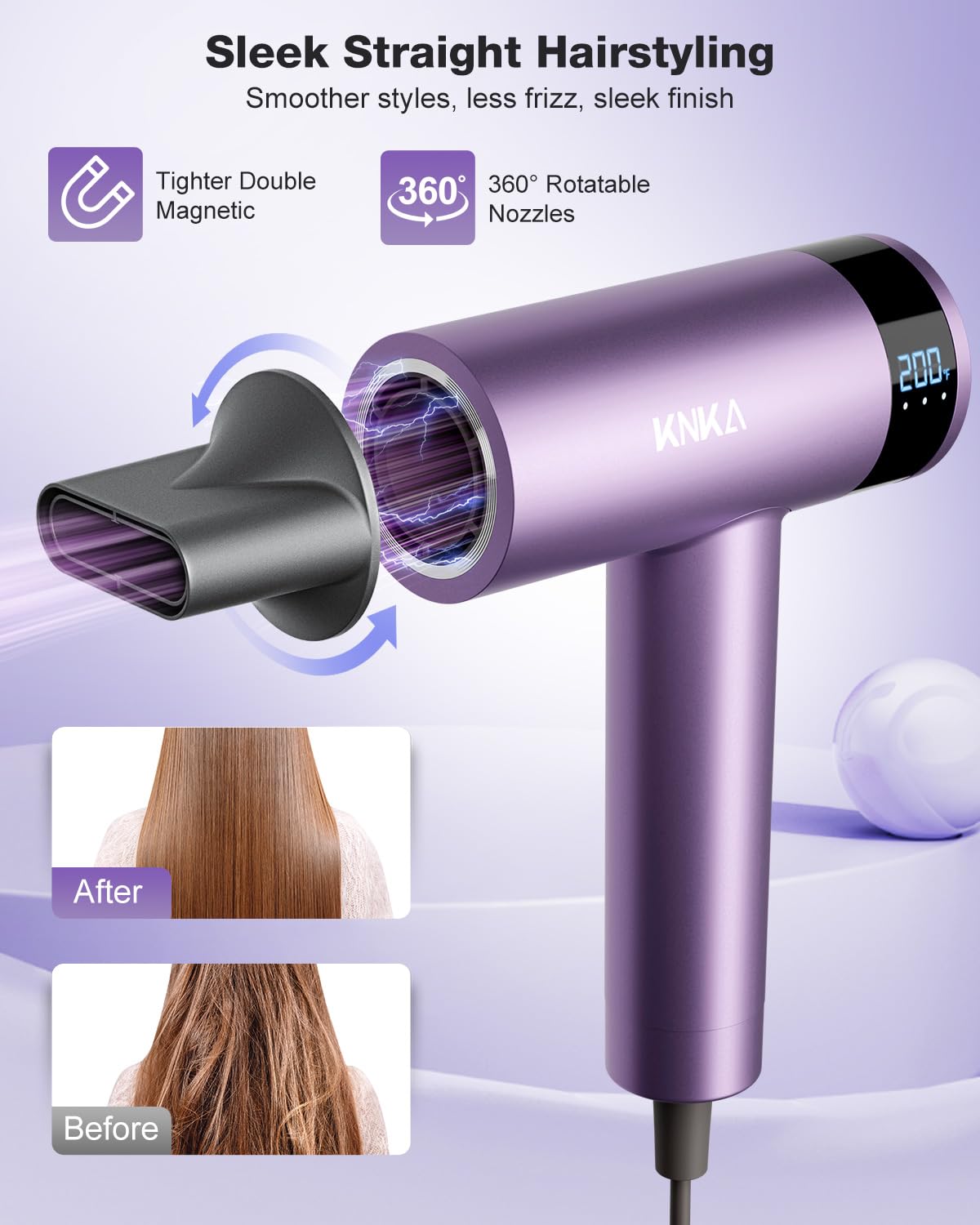 KNKA hair dryer rotating-nozzle enabling smooth, precise blasts.